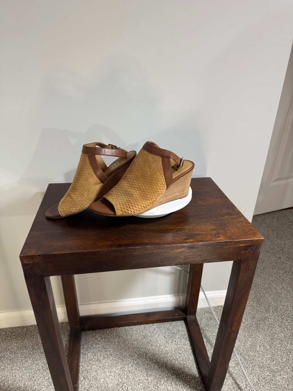 Franco Sarto Tan Woven Peep-Toe Wedge Mules - Picture 3 of 11